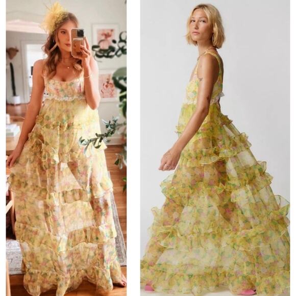 For Love & Lemons Vikki Maxi Dress Large Tiered Floral Ruffles Lace Sheer Yellow - Picture 2 of 12
